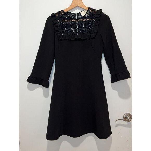 Kate Spade Black Ruffle Trim 3/4 Sleeves Lace Yoke Dress Women's Size 0 - Picture 3 of 11